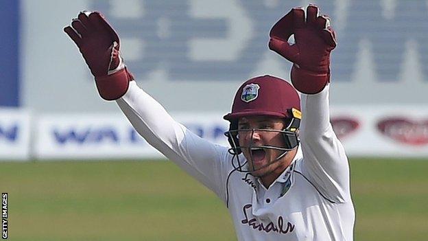 West Indies wicketkeeper Joshua da Silva successfully appeals for a wicket in a Test against Bangladesh