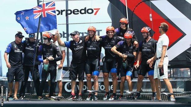 Peter Burling and New Zealand celebrate America's Cup win