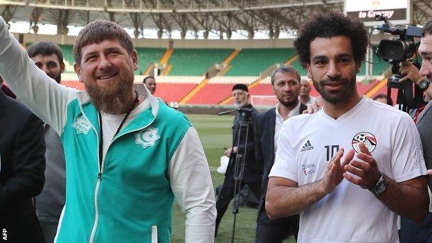 Egypt forward Mohamed Salah is pictured with Chechnyan leader Ramzan Kadyrov