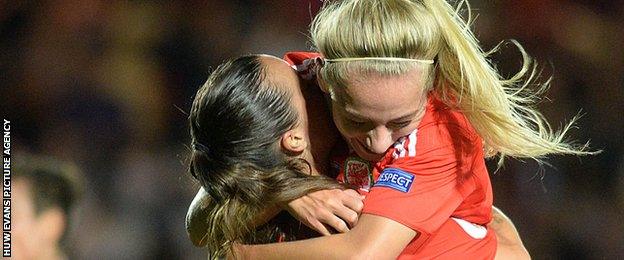 Charlie Estcourt celebrates her goal for Wales against Israel