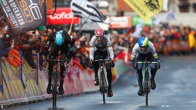 Wout Poels, Michael Albasini and Rui Costa at end of Liege-Bastogne-Liege