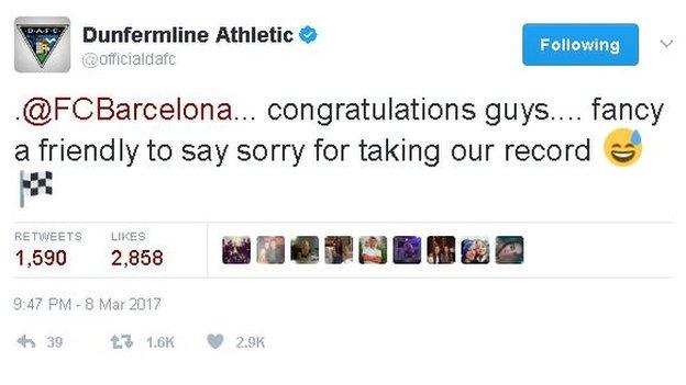 Dunfermline's tweet to Barcelona