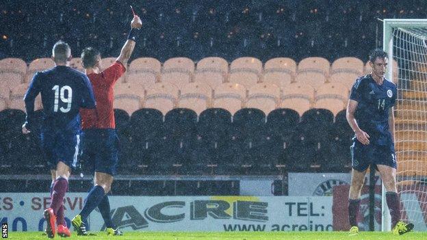 Scotland Under-21 defender Dominic Hyam is sent off