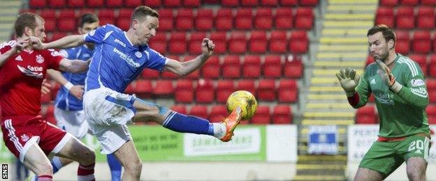 Steven MacLean (left) gets a touch to the ball to steer it beyond goalkeeper Scott Brown