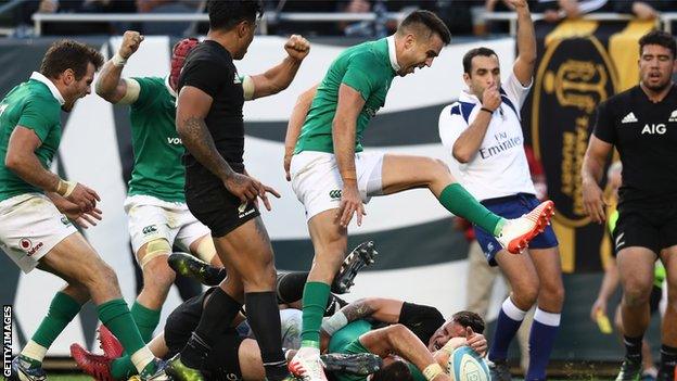 Ireland scrum-half Conor Murray celebrates Robbie Henshaw's vital try that sealed victory over New Zealand