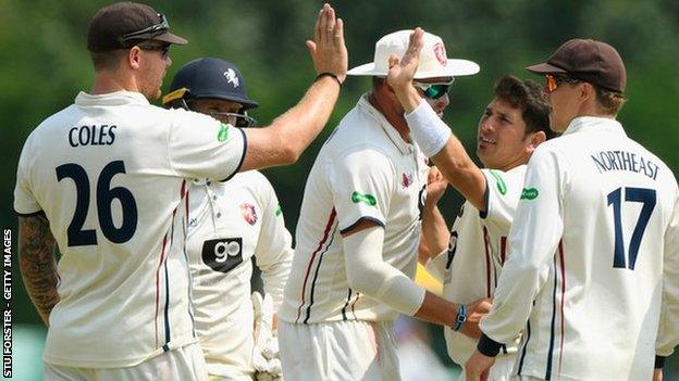 Kent's players celebrate the dismissal of Ben Cox, the third of Yasir Shah's five wickets