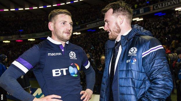 Finn Russell and Stuart Hogg on the Murrayfield sidelines after Scotland's win over Australia