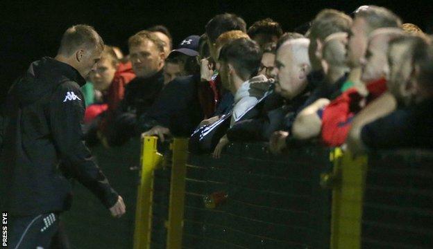 Alan Kernaghan leaves the pitch after Glentoran's shock 3-2 defeat away to Championship strugglers Annagh United