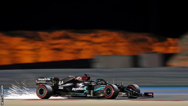 Lewis Hamilton drives around the Bahrain International Circuit