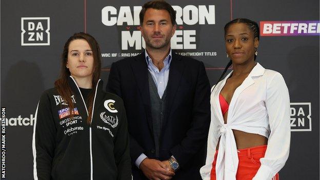 Chantelle Cameron, Eddie Hearn and Mary McGee pose for pictures