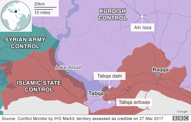 Map showing control of northern Syrian city of Raqqa (27 March 2017)