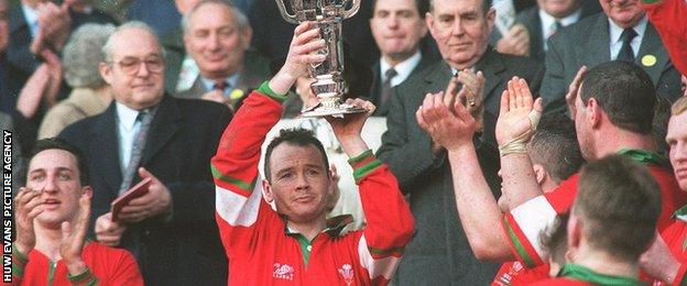 Wales captain Ieuan Evans lifts the Five Nations trophy in 1994