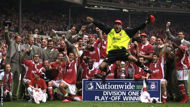 Charlton celebrate their promotion to the Premier League