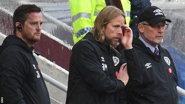 Hearts coach Jon Daly, caretaker Austin MacPhee and former manager Craig Levein