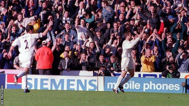 Mark Viduka (right) celebrates after scoring one of his four goals against Liverpool in 2000