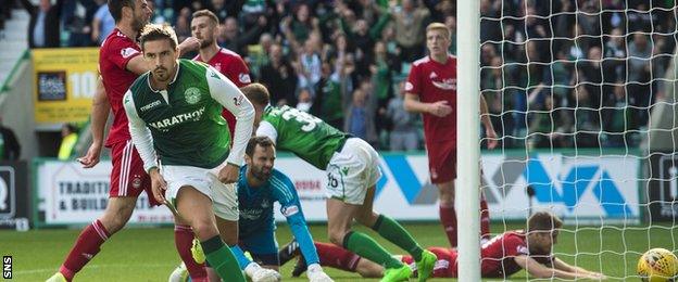 Jamie Maclaren wheels away after his equaliser for Hibernian