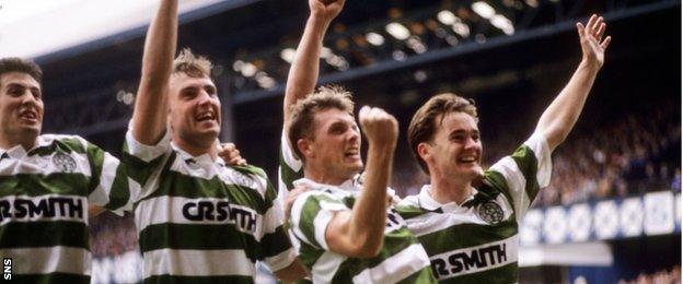 Derek Whyte (second from right)celebrates scoring against Rangers with Celtic team-mates John Collins (left), Lex Baillie and Andy Walker