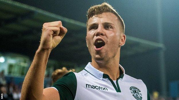 Florian Kamberi celebrates Hibs' victory over Asteras Tripolis