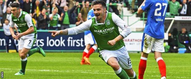 Jamie Maclaren celebrates scoring for Hibernian against Rangers