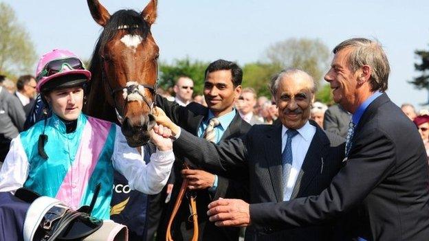 Prince Khalid Abdullah with Frankel, jockey Tom Queally and trainer Sir Henry Cecil