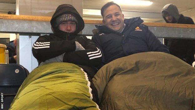 Jason Whittingham and Colin Goldring (right) took part in a promotional sleep-out in support of the homeless at Sixways in 2020