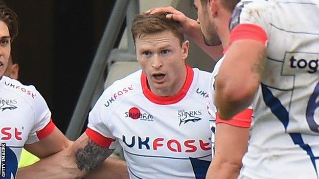 Chris Ashton celebrates scoring his first try for Sale