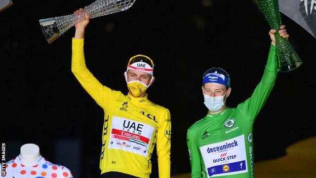 Tadej Pogacar (left) and Sam Bennett (right) celebrate winning the yellow and green jerseys respectively on the podium after the 2020 Tour de France