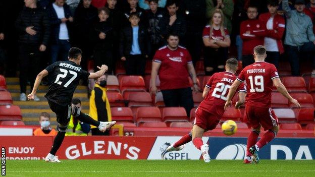 Qarabag's Tural Bayramov scores the opening goal during a UEFA Conference League Qualifier 2nd Leg between Aberdeen and Qarabag at Pittodrie