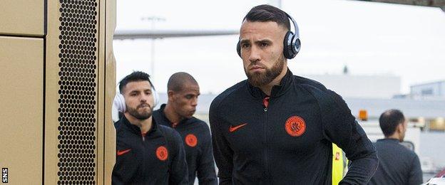 Manchester City's Nicolas Otamendi arrives at Glasgow Airport