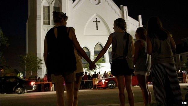 Crowd outside Emanuel AME Church in Charleston. 18 June 2015