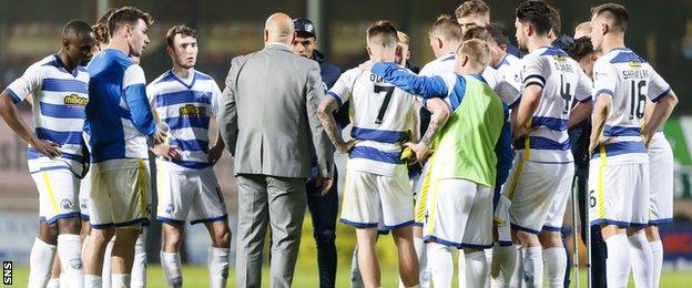 Jim Duffy addresses his Morton players after a Scottish Premiership play-off quarter-final defeat by Dundee United