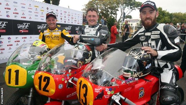 Isle of Man Classic TT 500cc winner Dean Harrison flanked by runner-up Ian Lougher and Lee Johnston who was third