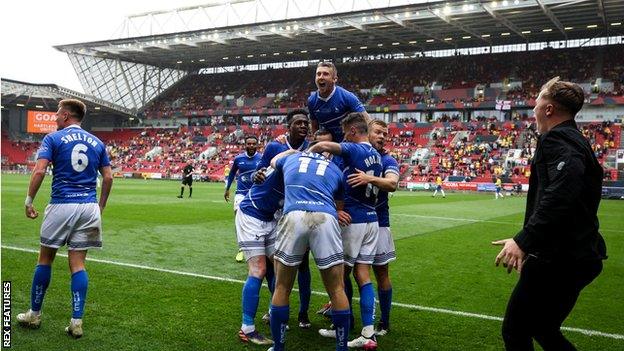 Hartlepool celebrate their goal at Ashton Gate