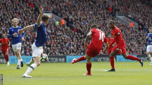 Liverpool's Philippe Coutinho scores against Everton