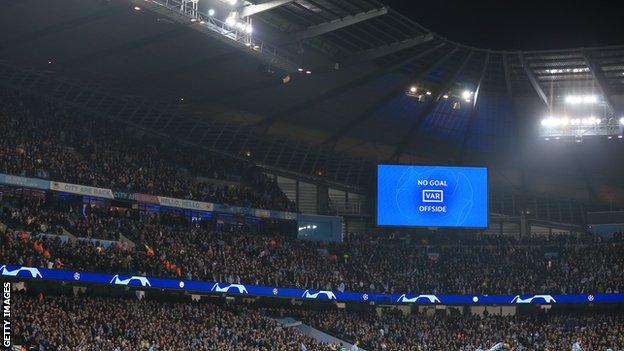A VAR decision on the big screen ruling out a goal at Etihad Stadium