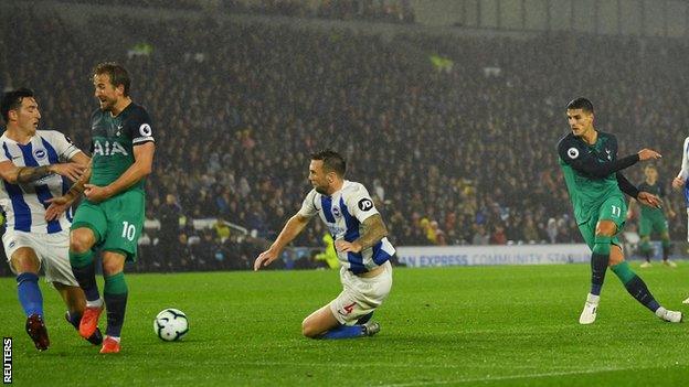 Erik Lamela scores for Tottenham against Brighton