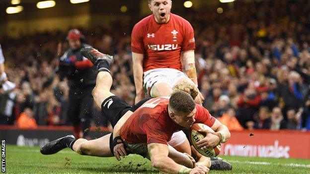 Scott Williams scores a first-half try for Wales against New Zealand