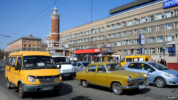 A bus in traffic in Omsk