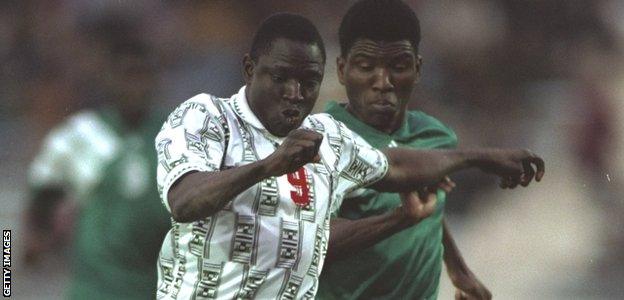 Rashidi Yekini in action for Nigeria against Zambia in 1994