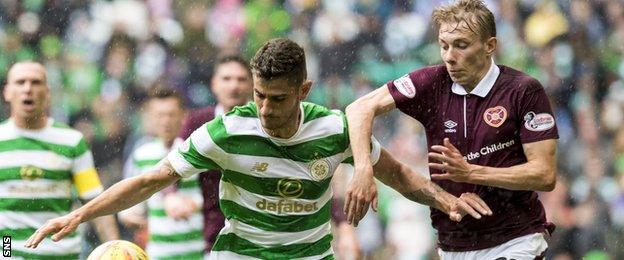 Celtic's Nir Bitton (left) in action against Hearts