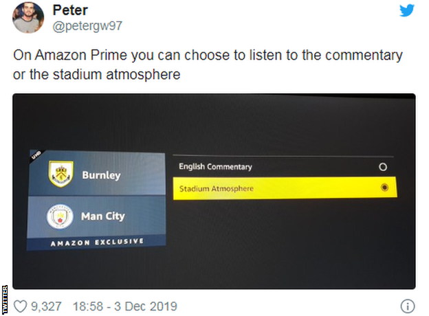 Tweet saying 'On Amazon Prime you can choose to listen to the commentary or the stadium atmosphere'