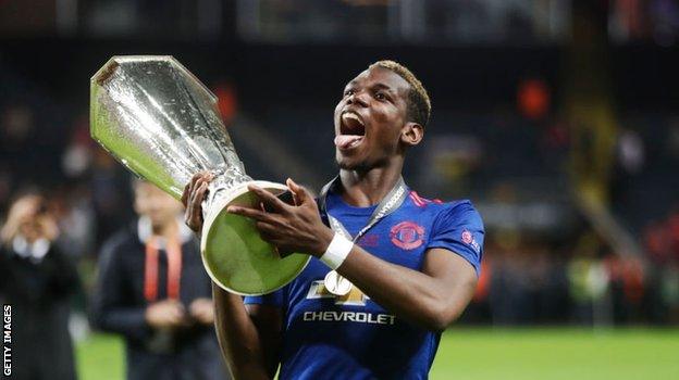 Paul Pogba celebrates after winning the Europa League in 2017