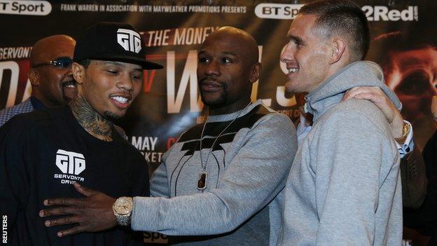 Floyd Mayweather (centre) is promoting Gervonta Davis (left) who fights Liam Walsh on Saturday.