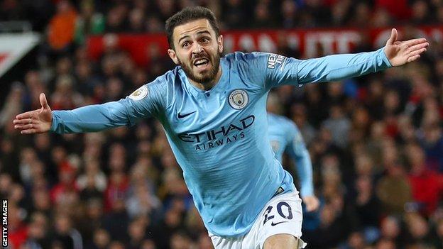 Manchester City forward Bernardo Silva celebrates after scoring against Manchester United