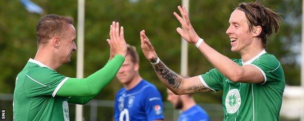 Celtic scorers Leigh Griffiths and Stefan Johansen celebrate