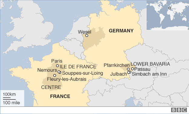 A map showing flood-hit areas in France and Germany