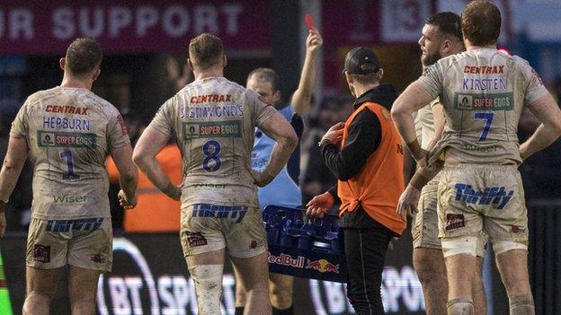 Exeter Chiefs prop Alec Hepburn is shown a red card against Harlequins