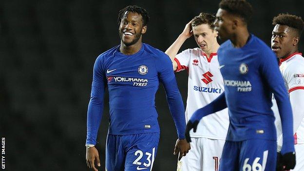 Michy Batshuayi celebrates scoring for Chelsea's under-21 side in the Checkatrade Trophy