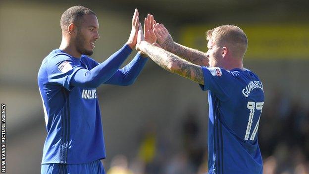 Kenneth Zohore and Aron Gunnarsson celebrate against Burton