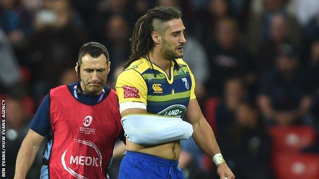 Josh Navidi is forced off injured during Cardiff Blues' Challenge Cup final win over Gloucester